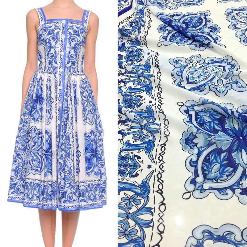 80X145 см Мода неделя Подиум майолика синий и белый фарфор шифон ткань для женщин Девушка Летнее Длинное пляжное платье DIY-AF241