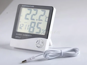 

50PCS HTC-2 Indoor Room Digital Thermometer Hygrometer Electronic Humidity Temperature Meter Clock External Outdoor Probe Sensor