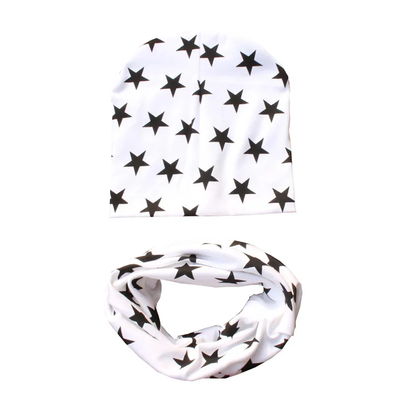 white stars Г. Весенний Детский комплект с шапкой, осенне-зимний шарф с воротником для мальчиков и девочек, теплый шейный платок, детские вязаные шапки, комплекты хлопковая детская шапка, шарф - Цвет: white stars