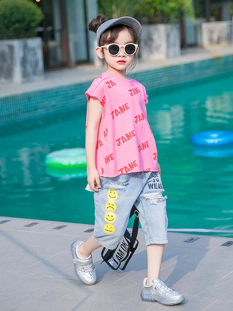 

Girls Short Sleeve Set 2019 Summer New Children's Wear Net Red Ocean Girl Summer Fashion Two-piece Suit