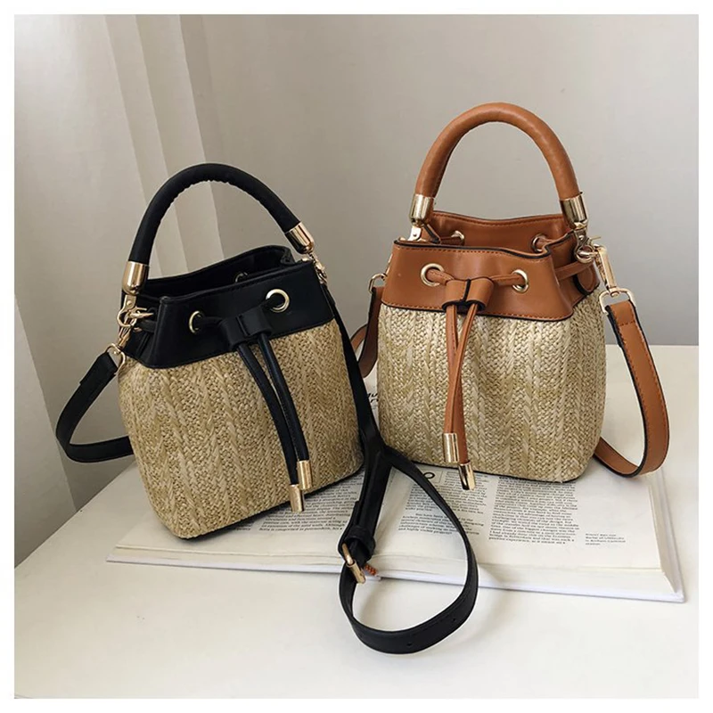 

2019 Summer Female Cubic Straw Bag Weaving Ladies Straw Handbag Beach Bag Handbags Drawstring Mini Bucket Bag Shoulder Bag