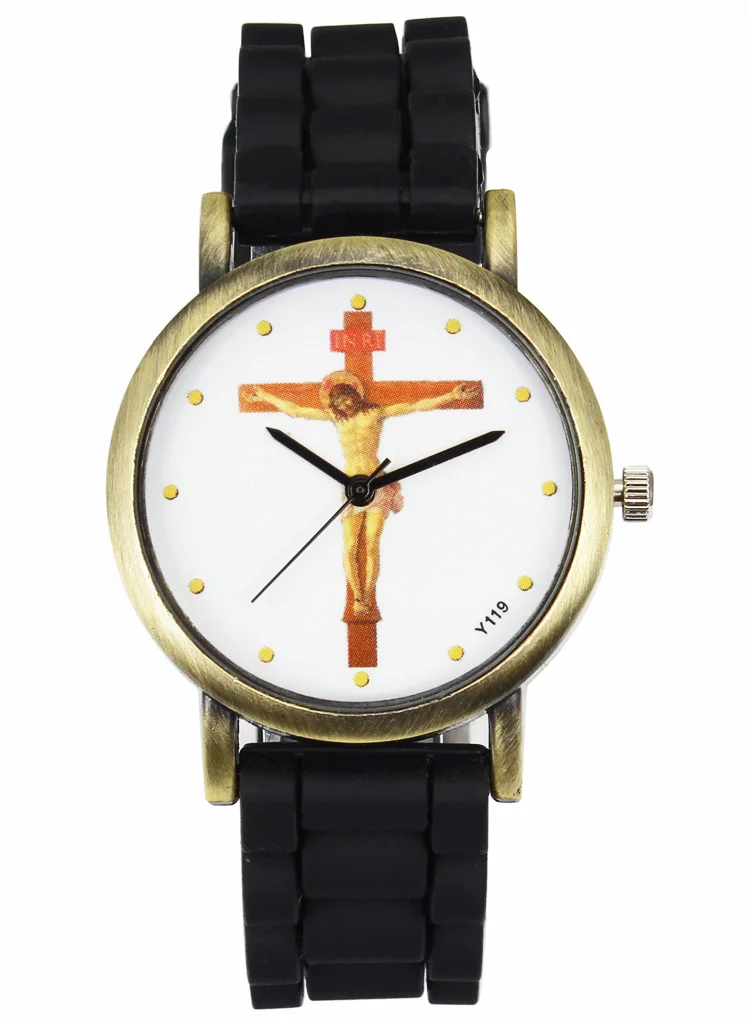 Крест с Иисусом Христом крест модный силиконовый ремешок кварцевые часы мужские и женские платья пасхальные христианские религиозные спортивные наручные часы - Цвет: Черный