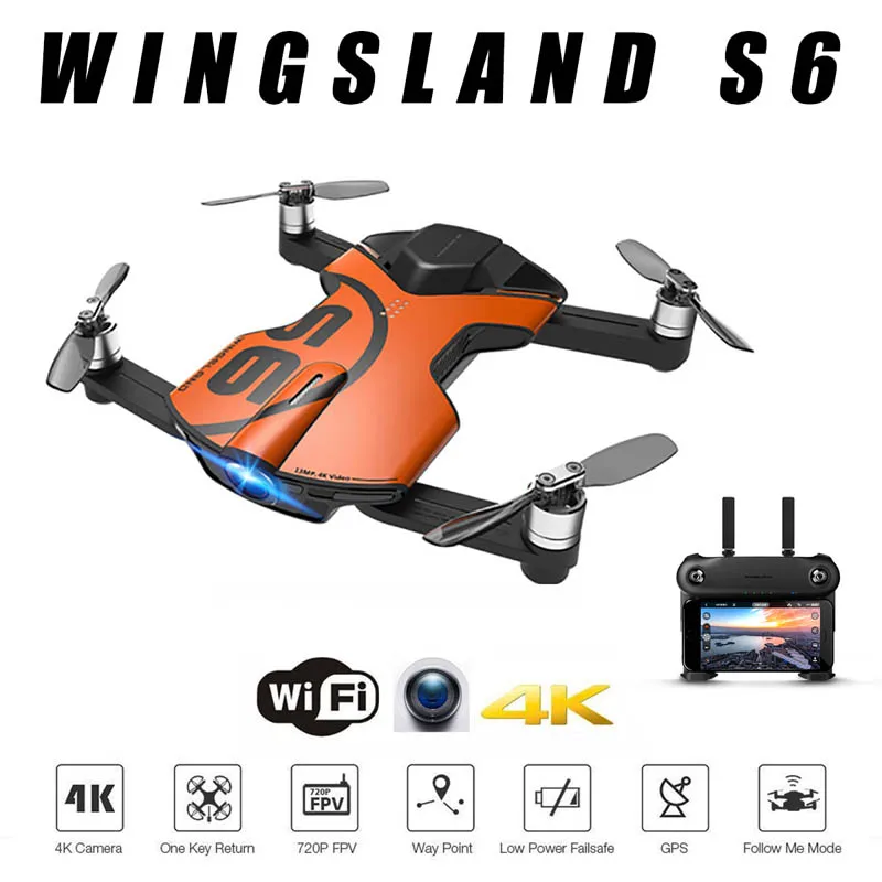 Wingsland S6 gps Wi-Fi приложение управление 4K UHD камера складная рука Карманный селфи Дрон WiFi FPV RC Квадрокоптер с дистанционным управлением - Цвет: Orange With Remote