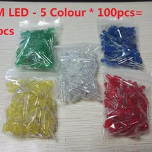 500 шт./лот, 3 мм, 5 мм, светодиодный набор диодов, смешанный цвет, красный, зеленый, желтый, синий, белый, f3, F5, 5 значений, ассорти, набор для самостоятельного изготовления
