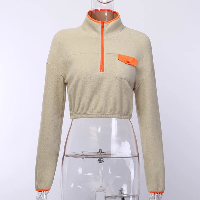 InstaHot/Абрикосовый Повседневный свитер с воротником-стойкой и застежкой-молнией и карманами, осенняя Минималистичная модная женская уличная Толстовка