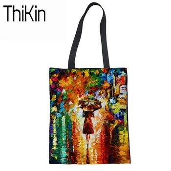 

THIKIN Canvas Tote Linen Handbag Soft Beach Bags Reusable Foldable Shopping Hand Bags for Women Shoulder Bag Oil Painting Prints