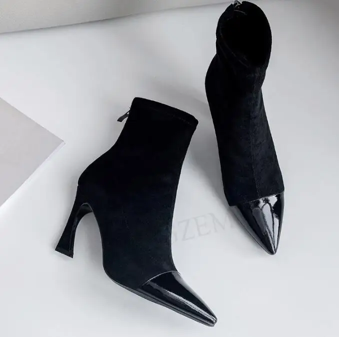 LAIGZEM/женские ботильоны в стиле знаменитостей; ботинки в стиле пэчворк на шпильке с молнией сзади; ботинки из искусственной замши; Botines Mujer; размеры 34-39 - Цвет: LGZ739 Black