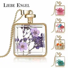 LIEBE ENGEL Chocker Dried Flowers Necklace Glass Square Pendant Gold Color Long Chain Statement Necklace Women Jewelry Collares