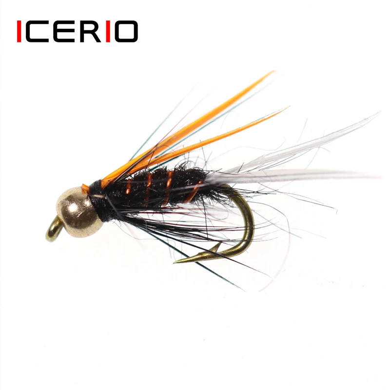 

ICERIO 8PCS #12 Brass Bead Head Crazy Black Psycho Prince Nymph Fly Trout Fishing Lure