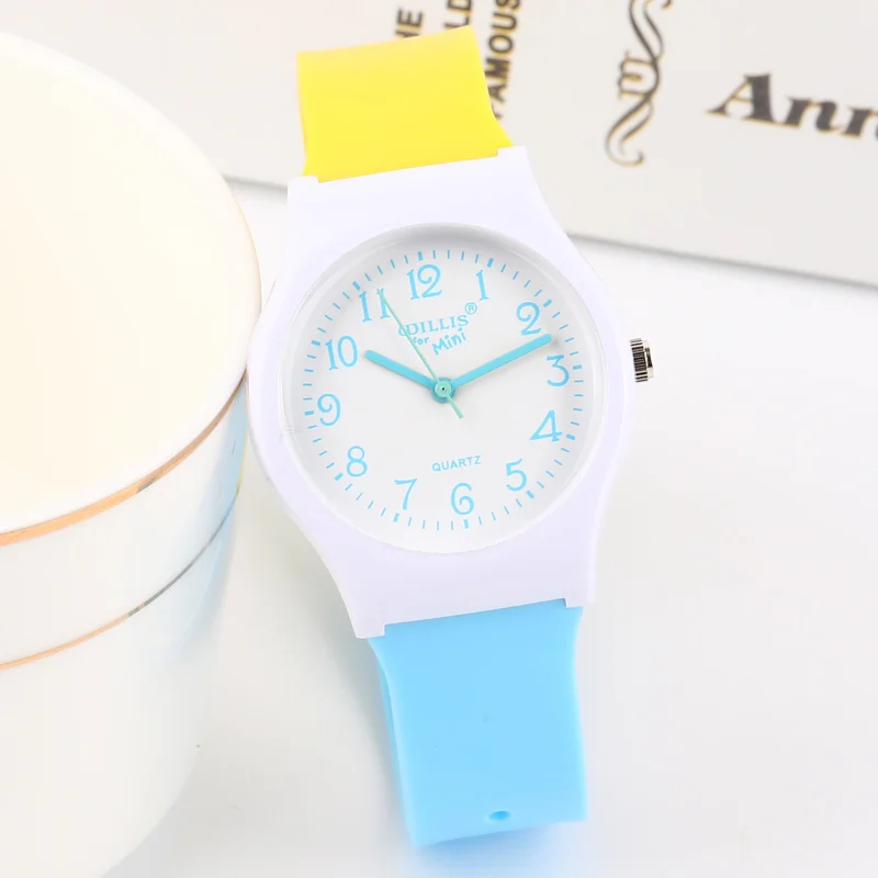 Горячая Распродажа, милые прозрачные часы контрастного цвета для девочек и женщин, модные простые кварцевые наручные часы, детские часы - Цвет: yellow-blue