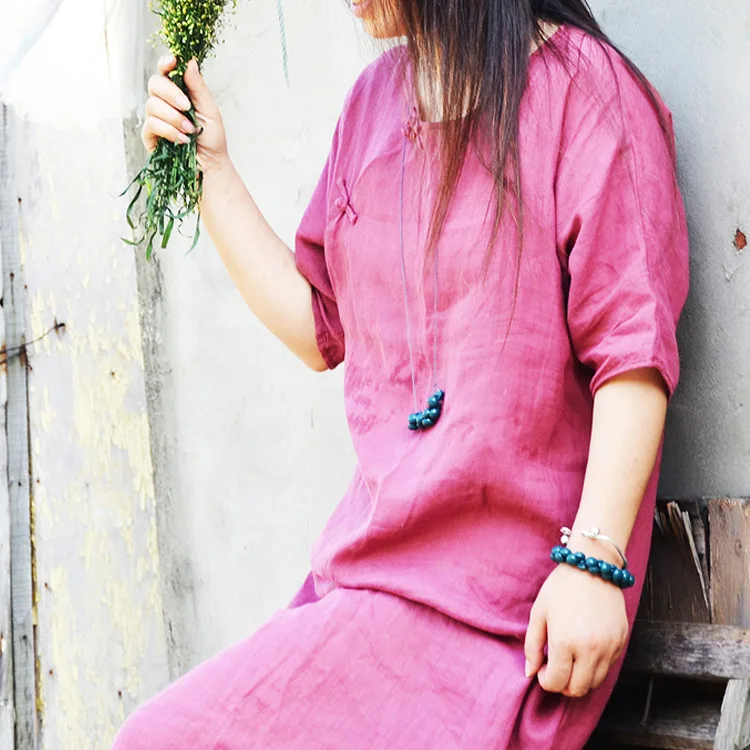 

Original Cotton Linen Literary Pure Linen Handmade Button Loose Seven-point Sleeve Round Neck Dress Women's Clothing