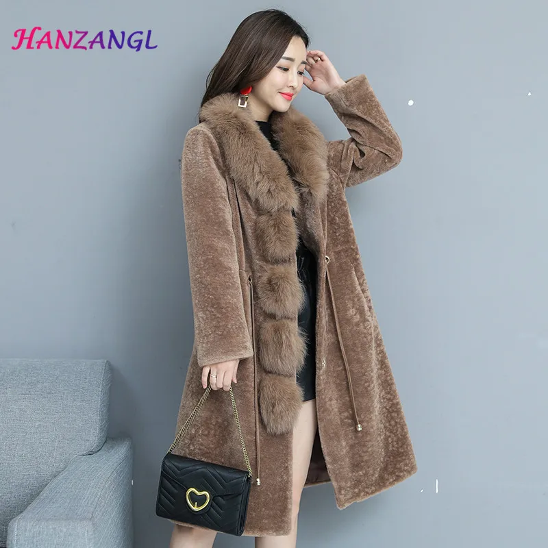 

Real shot brand simple temperament plue size women's Thick Warm Fur Overcoat fox fur collar Merino Sheep Fur coat (Have video)