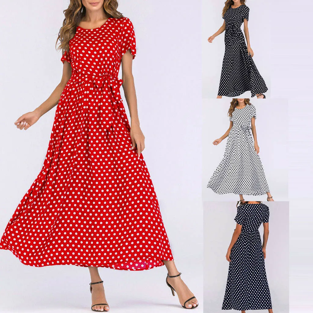 

Fashion Women O-Neck Short Sleeve Beach Polka Dot Bandage Long Maxi Dress ropa mujer summer dress 2019 vestidos de verano