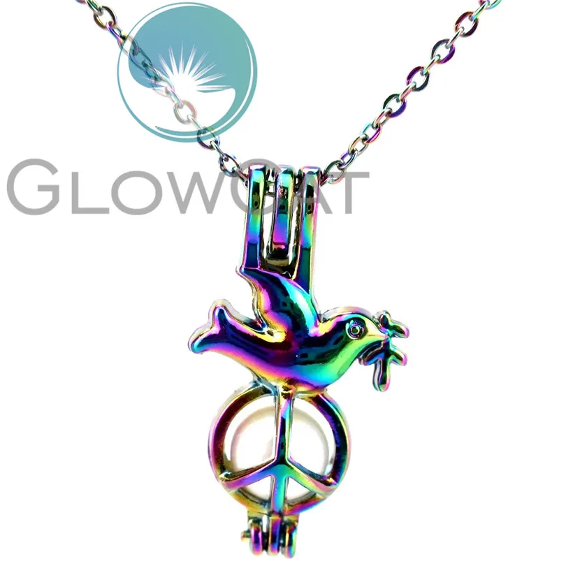 

CC627 Rainbow Colors Peace Pigeon Beads Cage Pendant Aromatherapy Essential Oil Diffuser Pearl Cage Locket Necklace