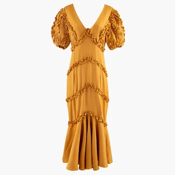 

Johnature Summer Streetwear Mermaid Sexy Women Dress 2020 Fashion V-neck Ruffles Puff Sleeve Mid-calf Length Office Lady Dresses