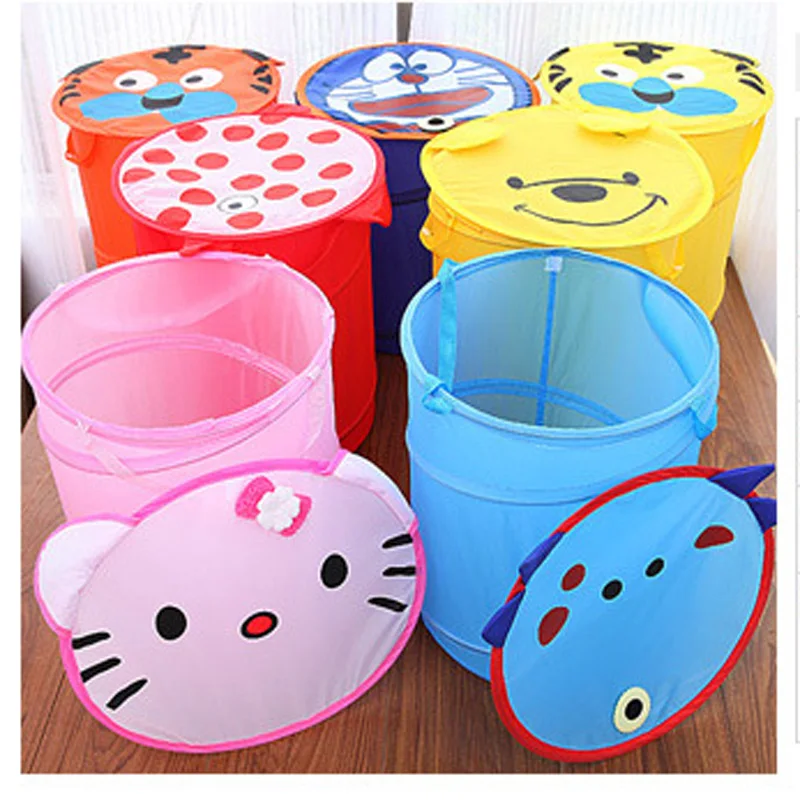 

New! Cartoon cylinder shape dirty clothes basket with cover, Folding storage basket laundry basket Toy basket, multi color,