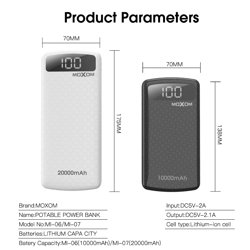 Портативное зарядное устройство MOXOM 20000 мАч для iPhone Samsung Huawei портативное 10000 с Mirco