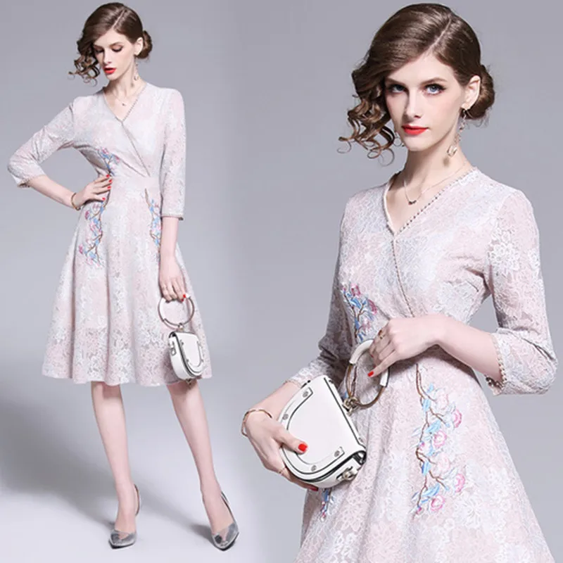 2019 New Dress Women Spring Summer Embroidery Lace Vestidos Long section Vintage French Solid Minority V-neck Dresses | Женская одежда