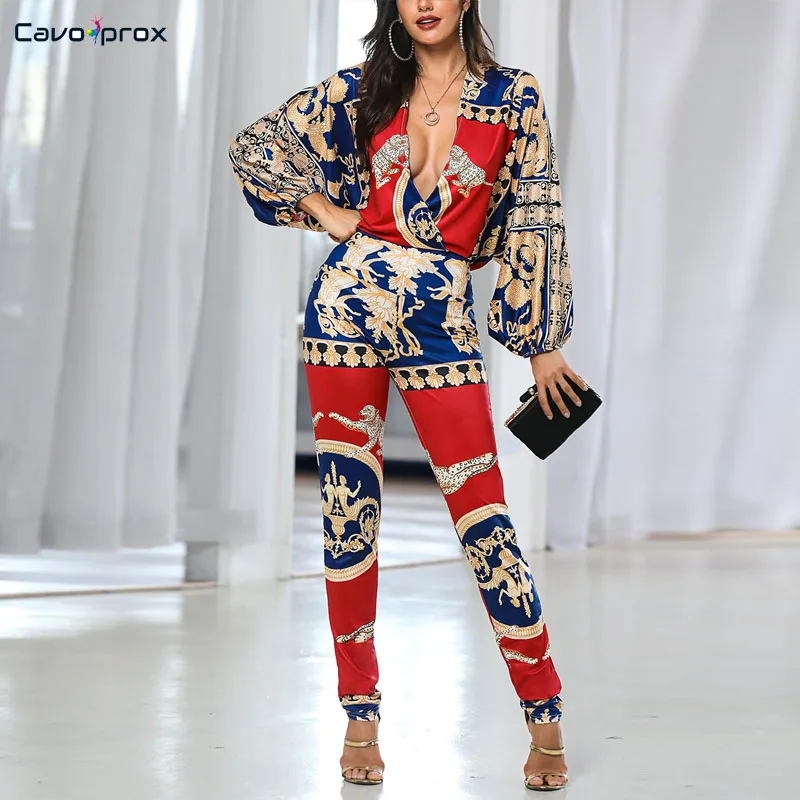

Women Colorblock Exotic Print Lantern Sleeve Jumpsuit Skinny Long Sleeve Plunge V-neck Street Wear Fashion Holiday Jumpsuits