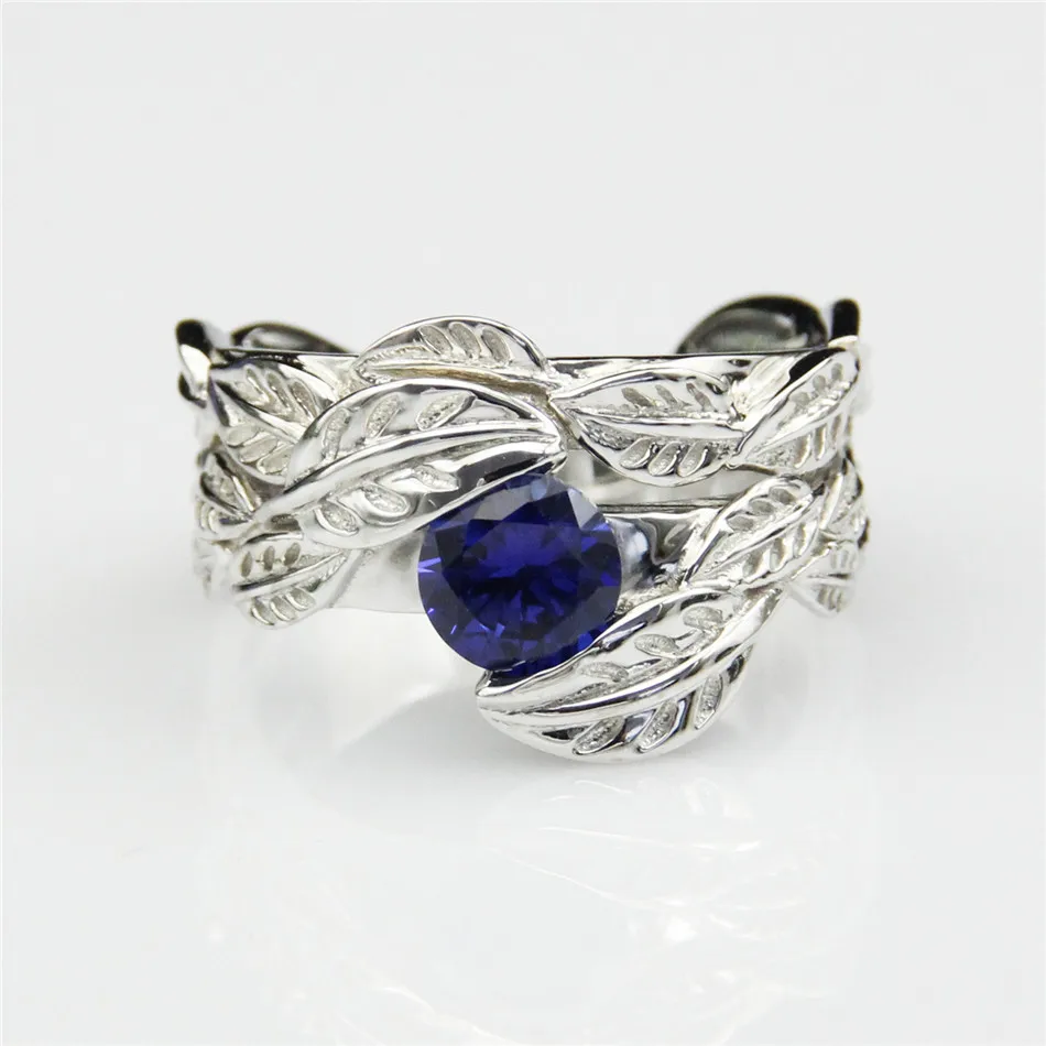 LASAMERO Antique Floral Leaf Design Plant 1CT Simulated Blue Sapphire 925 Sterling Silver Double Bands Engagement Wedding Ring