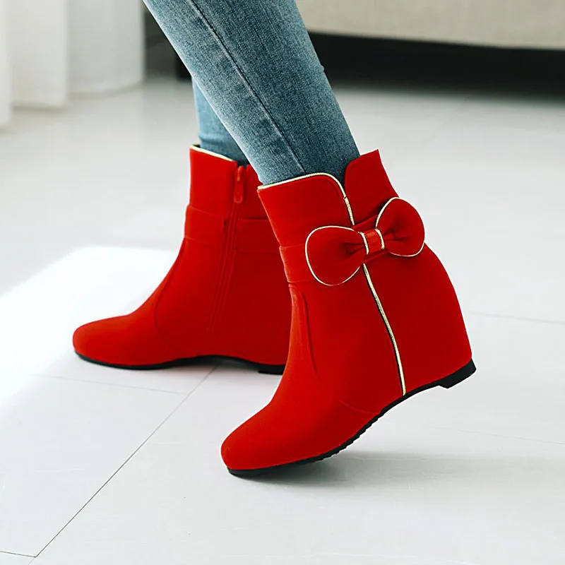 

Chinese elegant style round toe nubuck ankle boots bow-tie zipper black red increasing med heel women's motorcycle boots