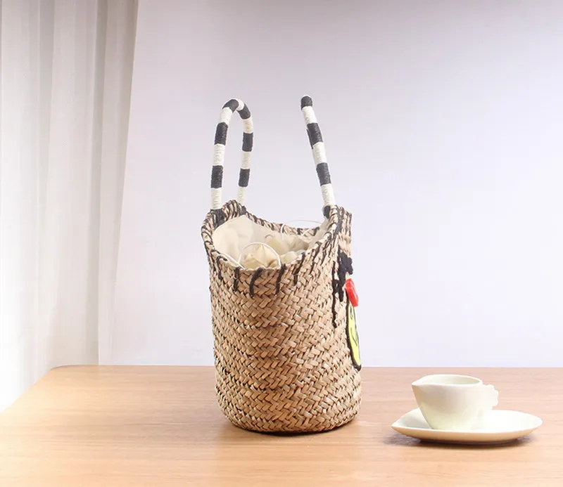 2019 الصيف Smlie حقيبة تسوق اليدوية حقيبة شاطئية نسج الأعلى مقبض حقائب السيدات جولة القش حقيبة القمر على شكل ملفوفة حقيبة بولسا