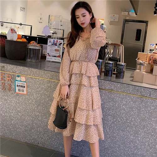 

2019 Spring New Women Dress Knee-length Lantern Sleeve Vestidos Lotus Leaf Collar Cupcake Chiffon Dress Prairie Chic