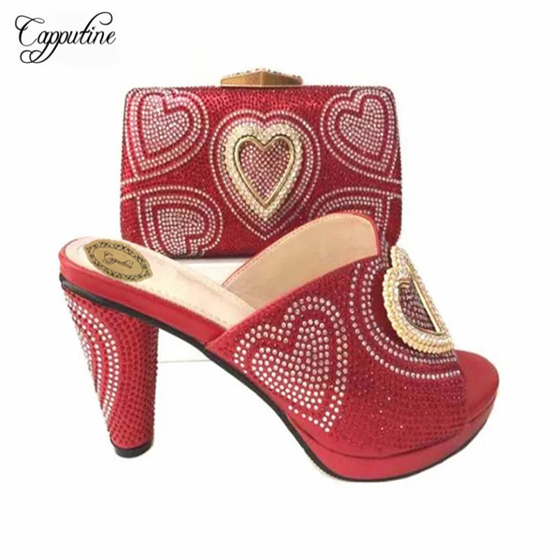 

Capputine New Arrival Heart Style Rhinestone Shoes And Bag Set Fashion African Women High Heels Shoes And Bag Set For Wedding