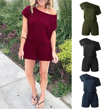 

Women One Shoulder Short Sleeve Jumpsuits Shorts Playsuits with Pockets for Summer H9