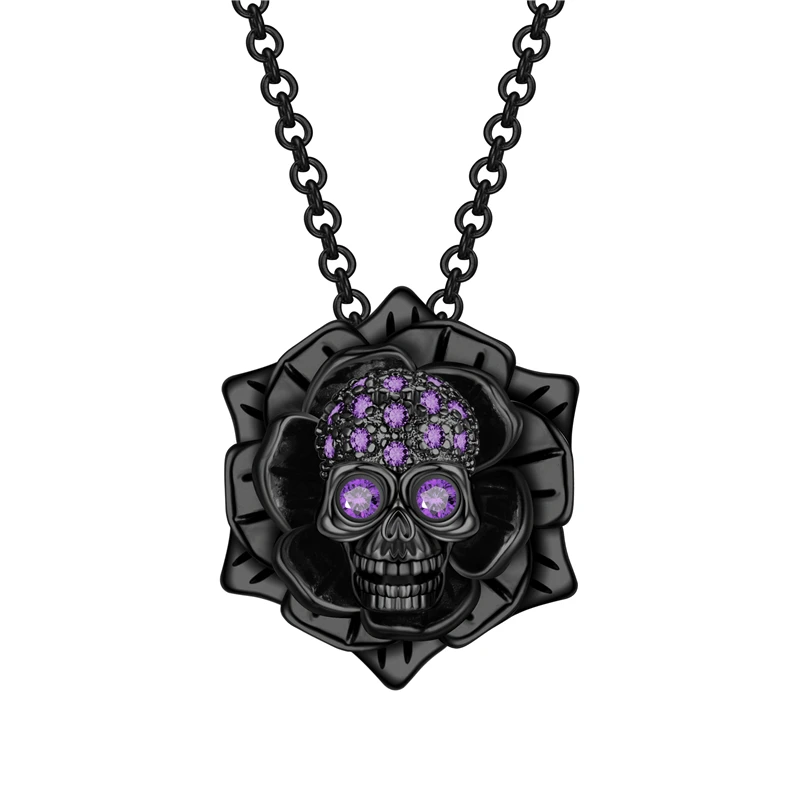 Black Purple Панк Череп Роза Циркон ожерелье с кристальным подвесом Черные бусы День рождения Свадьба подарок ювелирные изделия - Окраска металла: Black Purple
