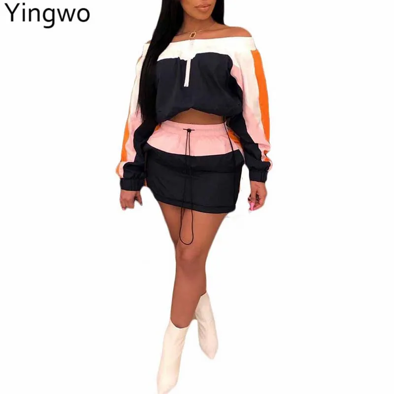 

Color Code Patchwork Style Fashion Woman Windbreaker Two Pieces Set Sexy Off Shoulder Zip Me Up Tops Mini Skirt Suit Wholesale