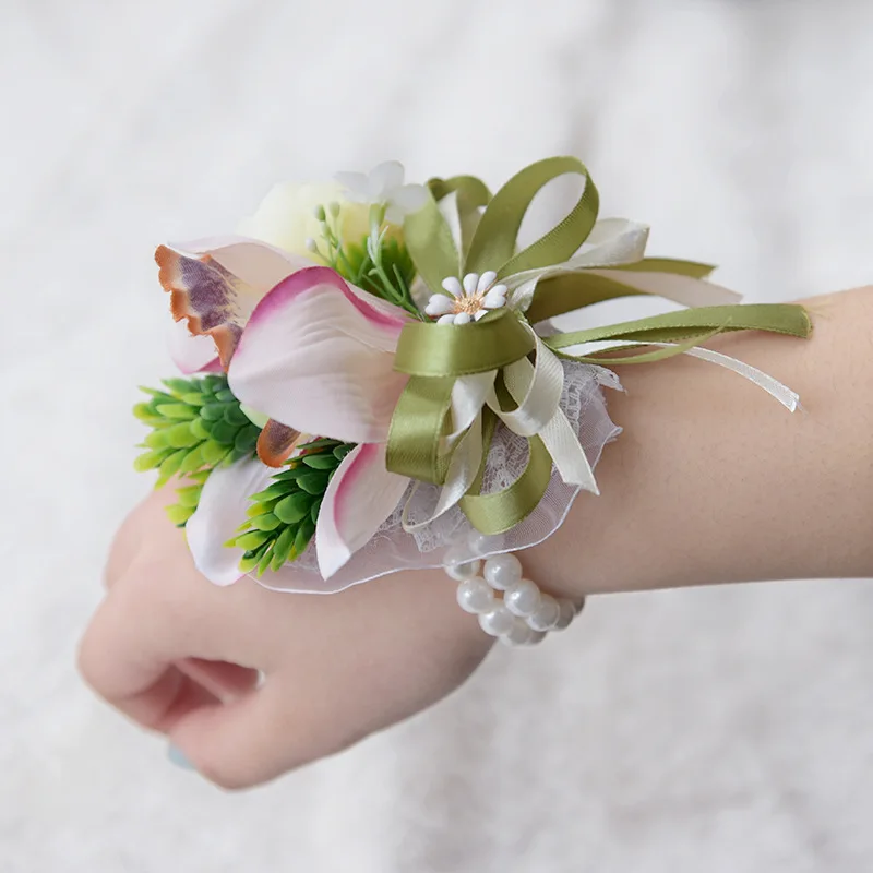 Bridesmaid Wedding Decor Bracelet Pearls Rose Tulle Band Hand Wrist Flower