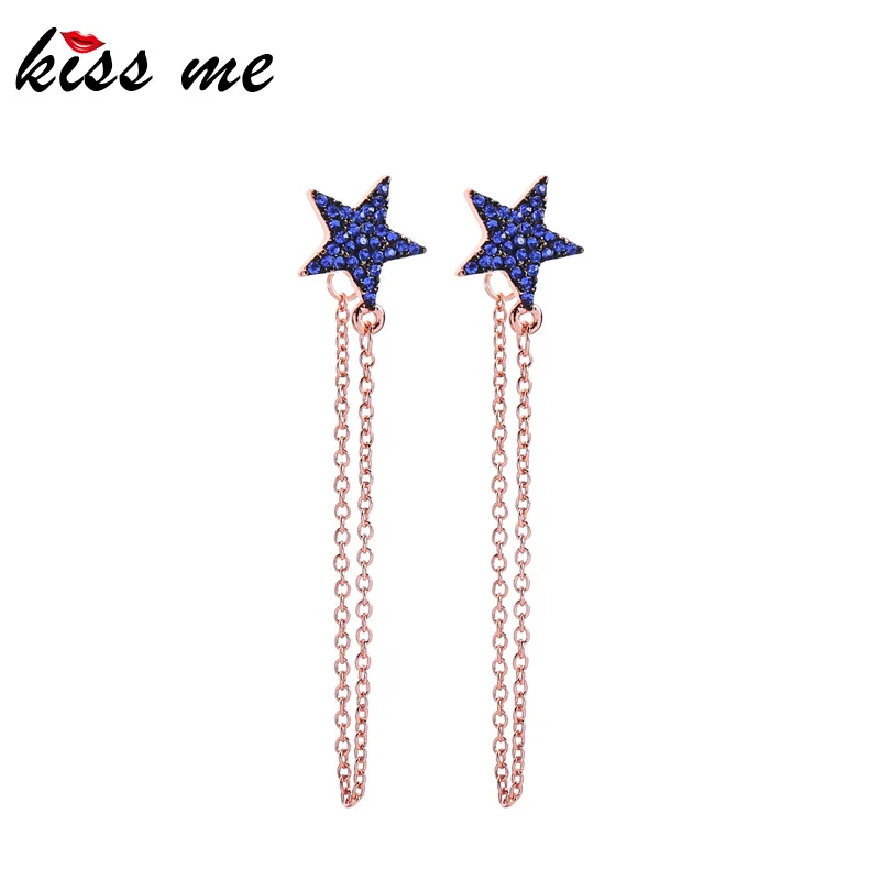 

kissme Exquisite Blue Crystal Pentacle Star Drop Earrings For Women Rose Gold Color Chains Dangle Earrings Fashion Accessories