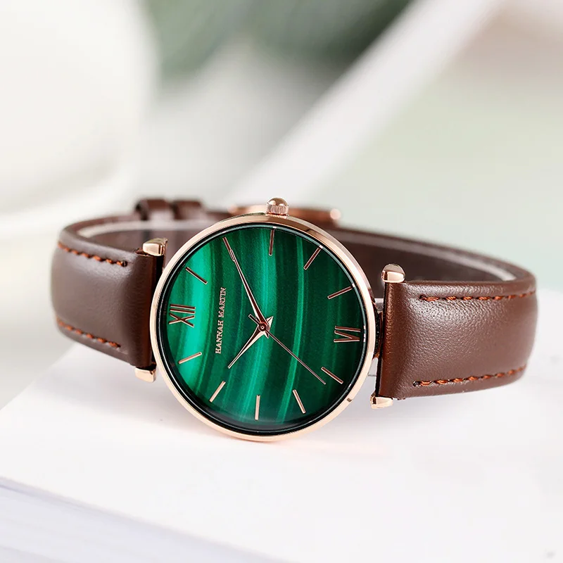 HANNAH Martin женские кварцевые часы Зеленый Малахит женские наручные часы из нержавеющей стали Магнитная Роскошная лента минималистский Reloj Mujer
