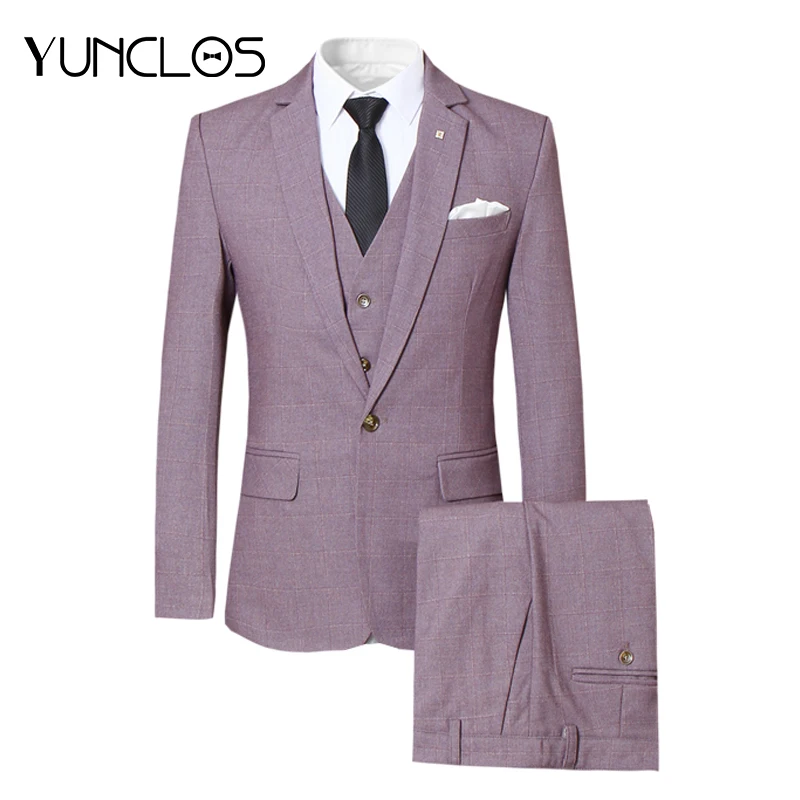 YUNCLOS 2019 классический мужской костюм 3 шт. Костюмы плед Печатный Slim Fit Свадебные костюмы для мужчин Бизнес Повседневный стиль мужские