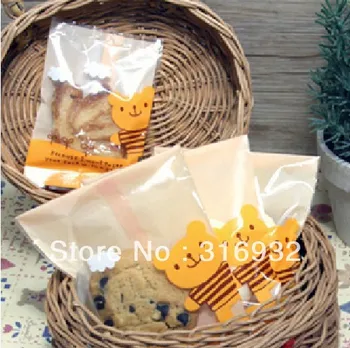 

E1 Free Shipping 100pcs plastic cute yellow bear teddy style biscuit / cookie cupcake packaging bags