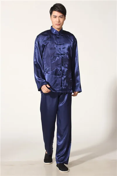 Новинка черный мужской вышитый дракон Кунг фу костюм Китайский Мужской Атласный Тай Чи униформа одежда S M L XL XXL M051-3 - Цвет: Navy Blue