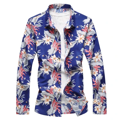 Модная мужская Осенняя рубашка с длинными рукавами и отворотом Молодежная плюс sizeM-7XL рубашка с цветочным принтом хлопковый Гавайский цветок топ - Цвет: 1202Blue