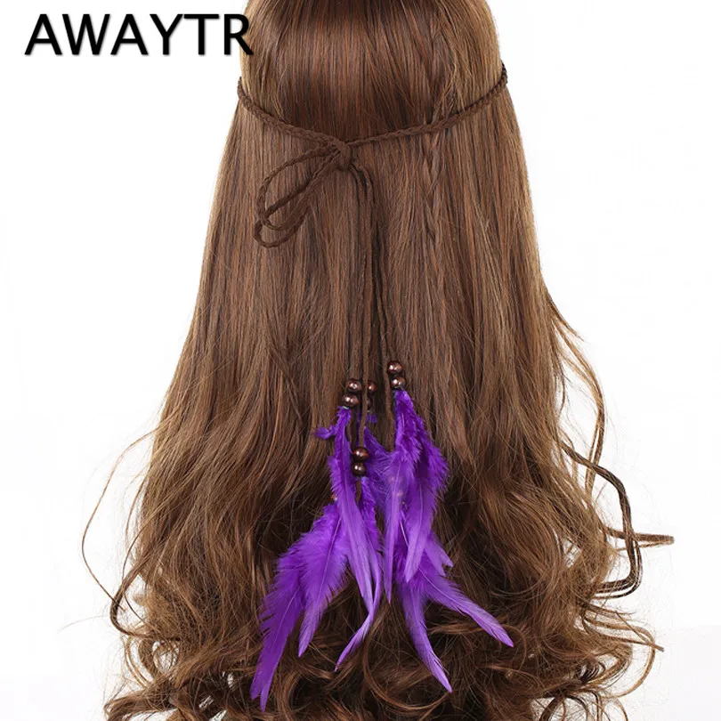 

AWAYTR Bezel Women's Hair Accessories Boho Hippie Purple Feather Hairband Tassels Weave Headband Khaki Beads Headdress Belts