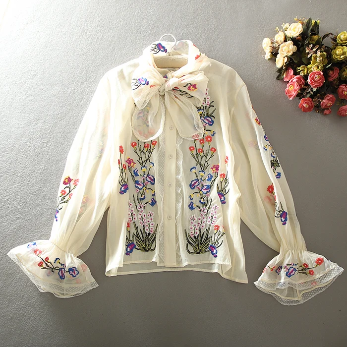 

Women's spring summer Runway fashion perspective organza embroidery shirt female floral bow collar blouse tops TB1126