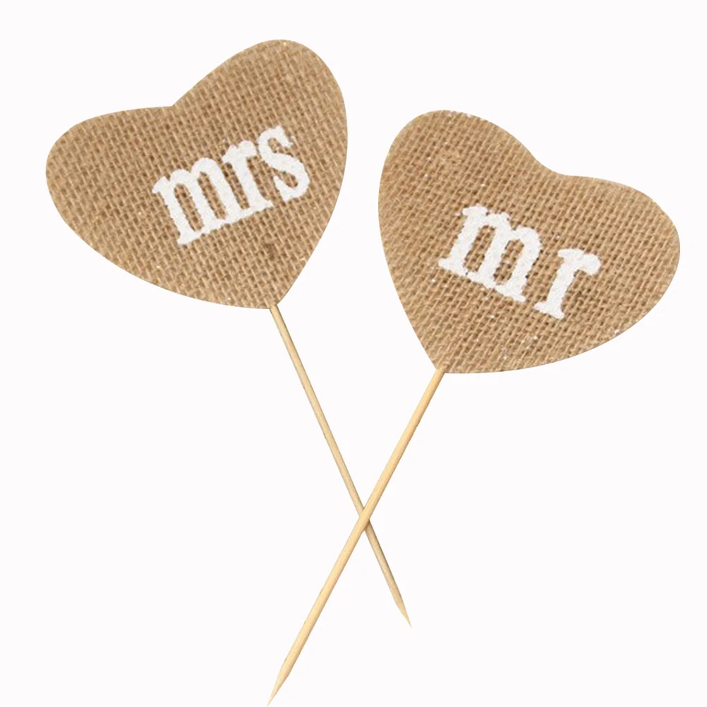 

12pcs Rustic Linen Cake Toppers Mr Mrs Heart Shape Cake Picks Cupcake Decor Party Supplies For Wedding Engagement