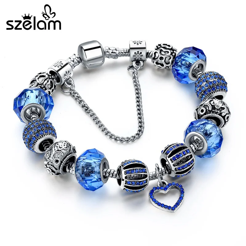 Szelam Diy Кристалл Сердце Браслеты с подвесками для женщин с голубыми муранскими бусинами серебряные ювелирные изделия Pulsera SBR160255