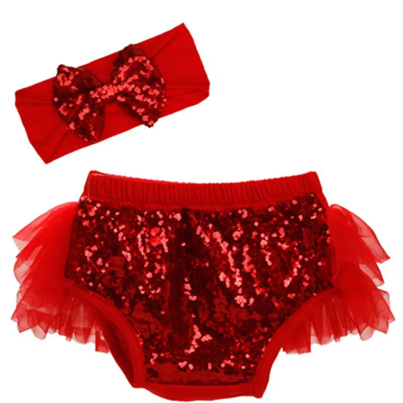 

Christmas gift Sequins Baby Bloomers+Headband Cute Chiffon Ruffle Newborn Festival Diaper Cover Shinny Gold Sequins Kids shorts