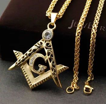 

Men Stainless Steel Golden Masonic Symbol Freemason Crystal Pendant Necklace