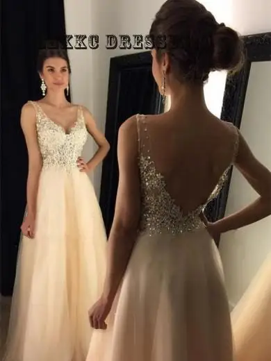 

Champagne Tulle V Neck Beaded Evening Dresses Customize V Back Long New Formal Women Party Dresses Plus Size Robe De Soiree