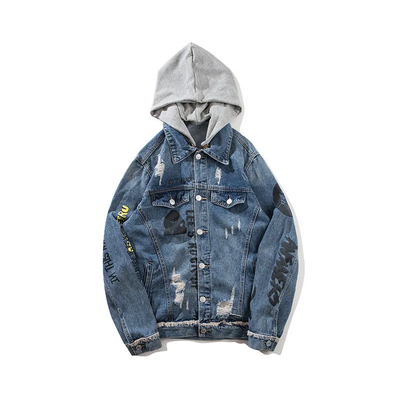 MORUANCLE Men Streetwear Ripped Jean Jackets With Holes Hi Street Distressed Denim Trucker Jacket Outerwear With Detachable Hood