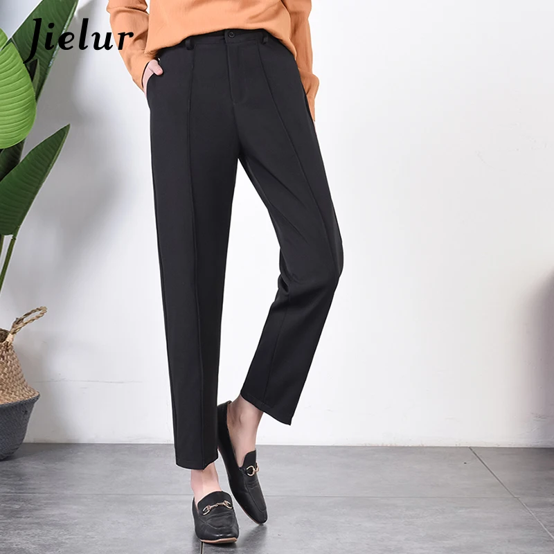 Jielur New Office Lady Ankle Length Pantalon Solid Color Button Pockets