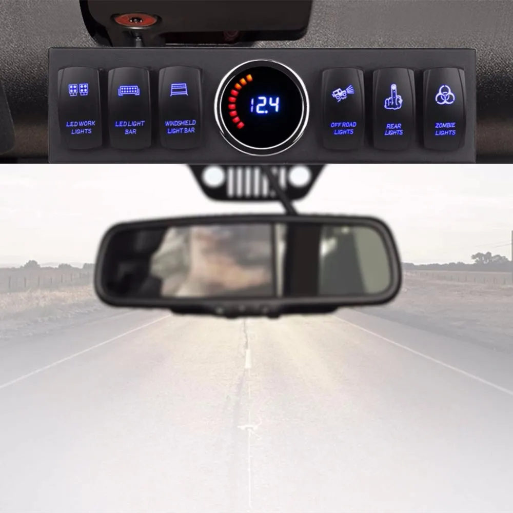 6-Switch Pod Toggle Switch Panel Overhead and Source Control System Box Wiring Harness Kit with 12 Switch Covers & a Switch Clip Remover For Jeep Wrangle JK JKU 2007-2018(Blue Back Light)