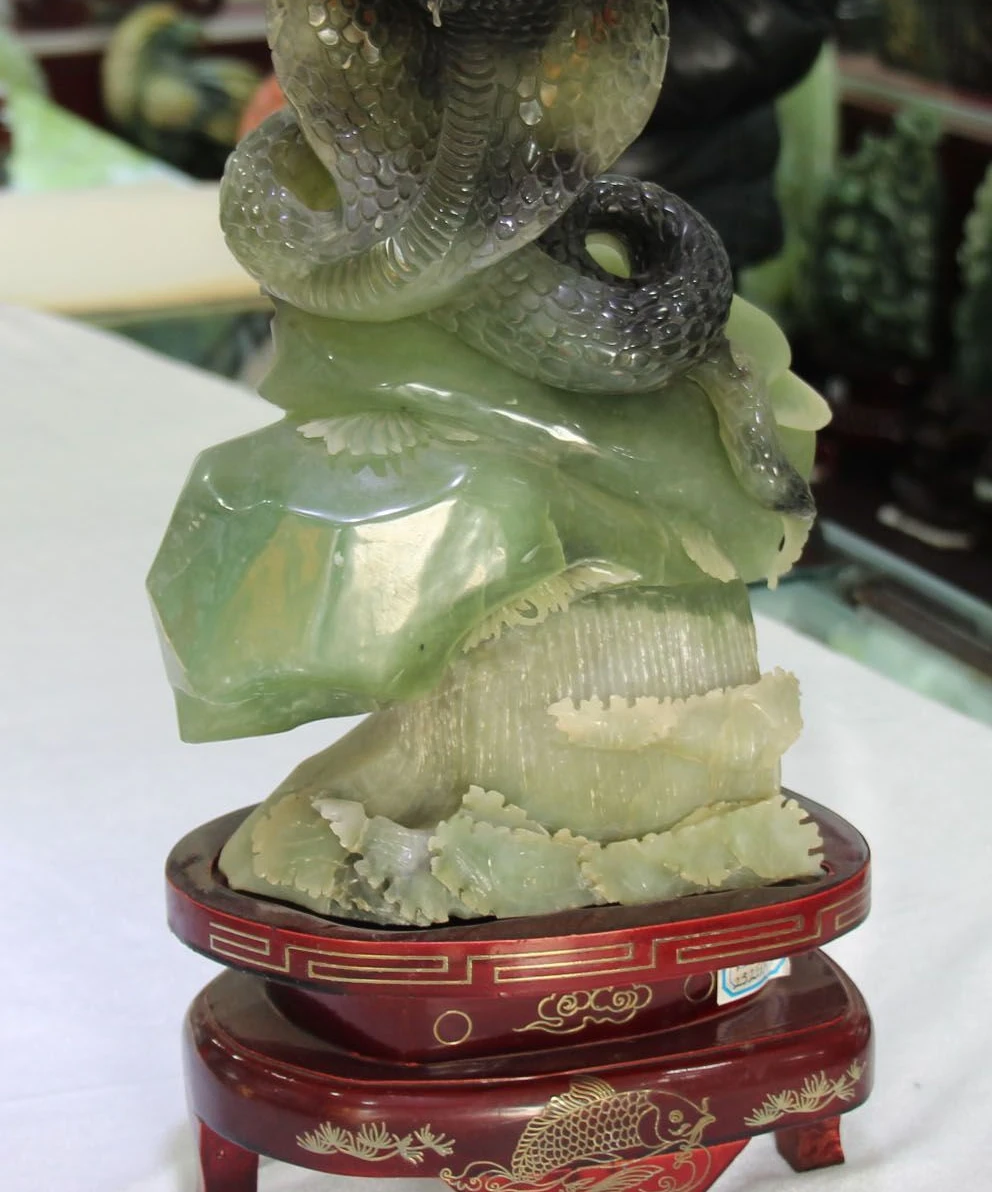 

15" Chinese 100% Natural Green Jade Pure Hand Snake Snakes Serpent Stone Statue