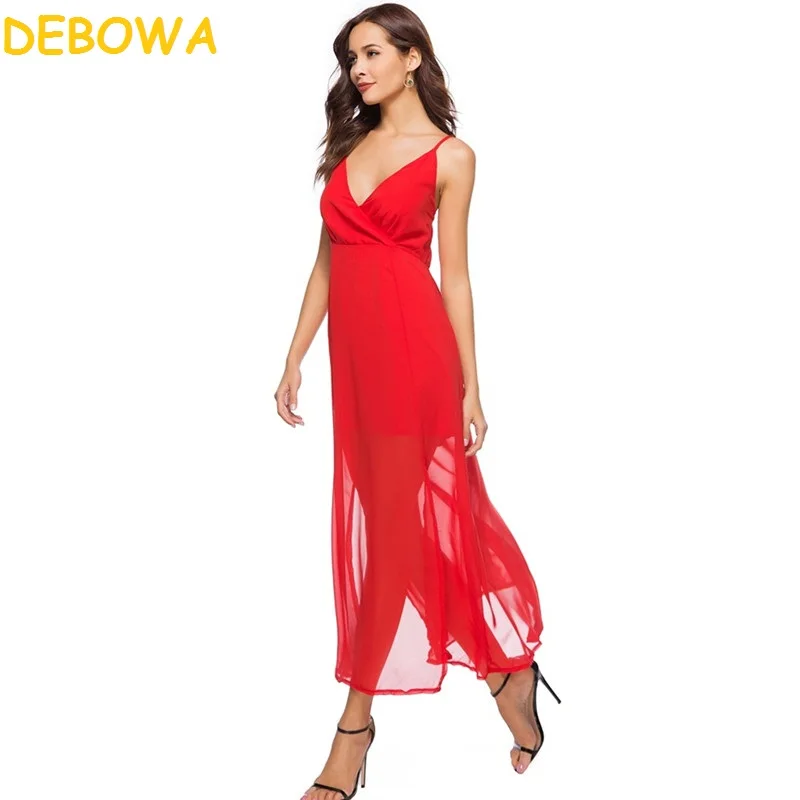 Debowa 2018 Новое летнее платье Для женщин красное шифоновое Разделение Sexy Глубокий v
